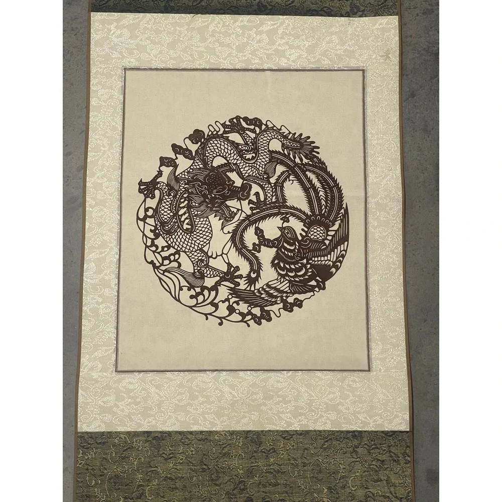 Vintage Chinese Wall Scroll Dragon and Phoenix Paper Cut Art Silk Fabric Decor